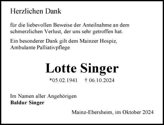 Traueranzeige von Lotte Singer von Allgemeine Zeitung Mainz