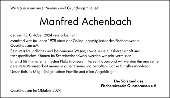 Traueranzeige von Manfred Achenbach von Hinterländer Anzeiger