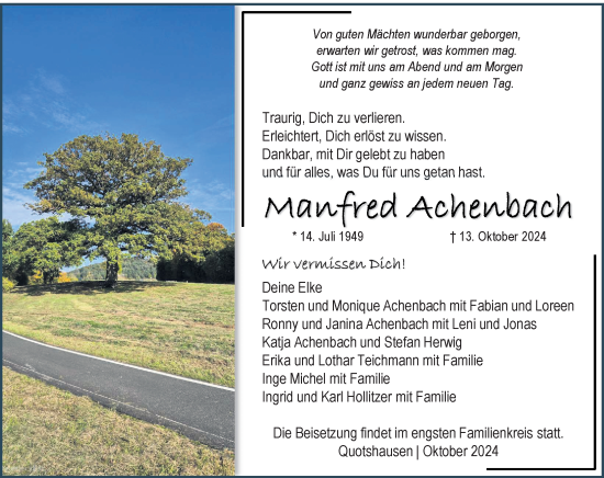 Traueranzeige von Manfred Achenbach von Hinterländer Anzeiger