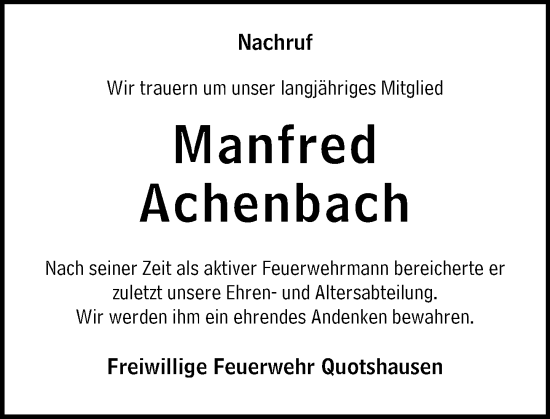 Traueranzeige von Manfred Achenbach von Hinterländer Anzeiger