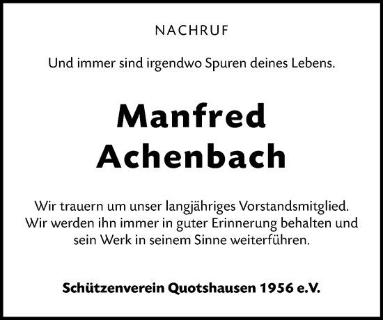 Traueranzeige von Manfred Achenbach von Hinterländer Anzeiger