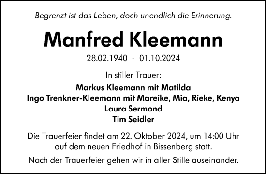 Traueranzeige von Manfred Kleemann von Wetzlarer Neue Zeitung