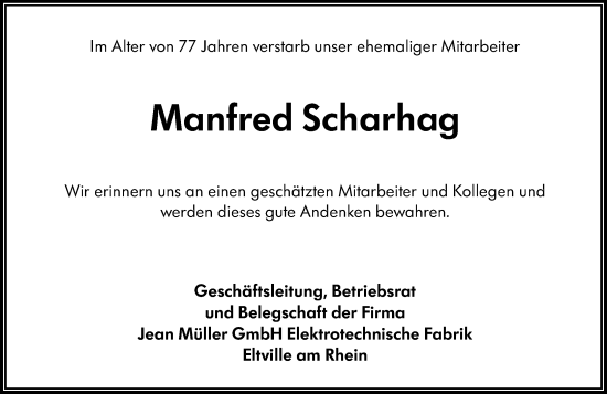 Traueranzeige von Manfred Scharhag von Rheingau Kurier