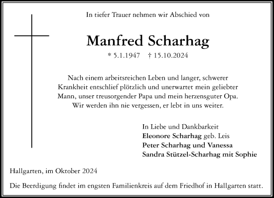 Traueranzeige von Manfred Scharhag von Rheingau Kurier