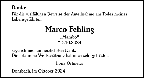 Traueranzeige von Marco Fehling von Dill Block