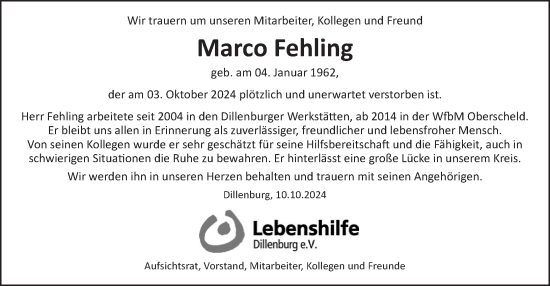 Traueranzeige von Marco Fehling von Dill Block