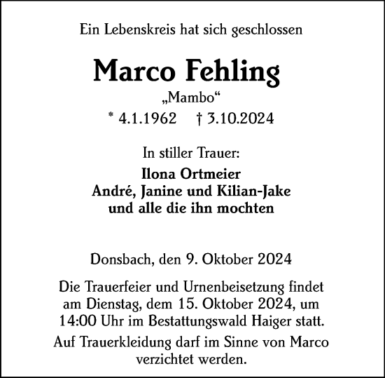 Traueranzeige von Marco Fehling von Dill Block