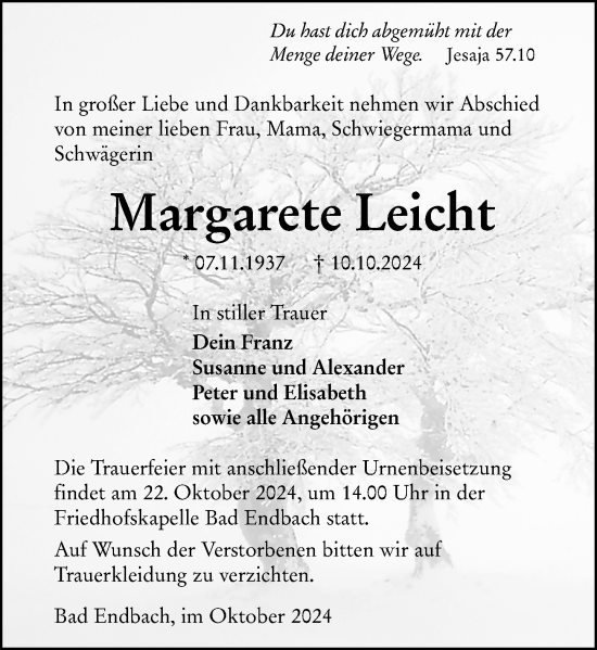 Traueranzeige von Margarete Leicht von Hinterländer Anzeiger