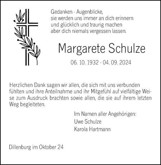 Traueranzeige von Margarete Schulze von Dill Block