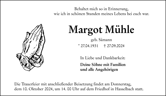 Traueranzeige von Margot Mühle von Camberger Anzeiger