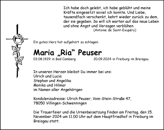 Traueranzeige von Maria Peuser von Camberger Anzeiger