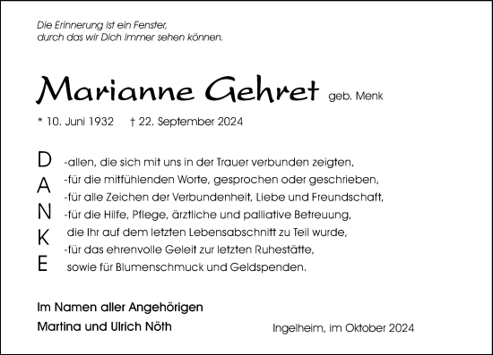 Traueranzeige von Marianne Gehret von Allgemeine Zeitung Rheinhessen-Nahe