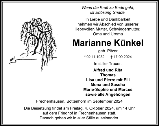 Traueranzeige von Marianne Künkel von Hinterländer Anzeiger