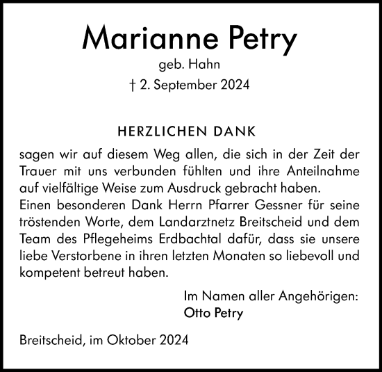 Traueranzeige von Marianne Petry von Dill Block