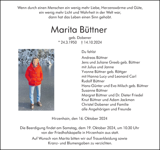 Traueranzeige von Marita Büttner von Dill Block