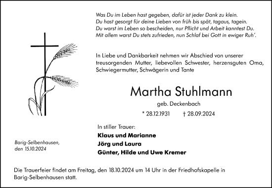 Traueranzeige von Martha Stuhlmann von Weilburger Tageblatt