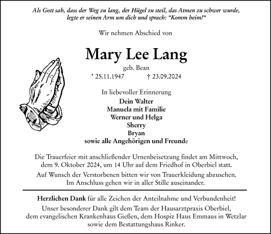 Traueranzeige von Mary Lee Lang von Wetzlarer Neue Zeitung
