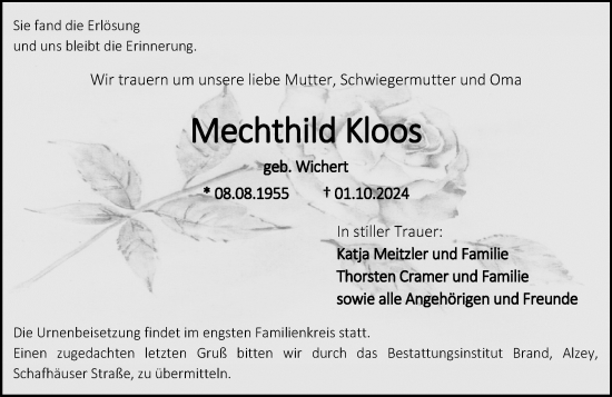 Traueranzeige von Mechthild Kloos von Allgemeine Zeitung Alzey