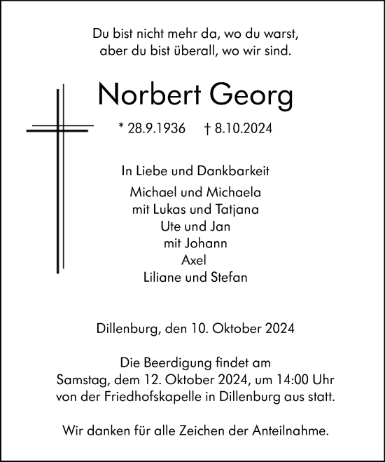 Traueranzeige von Norbert Georg von Dill Block