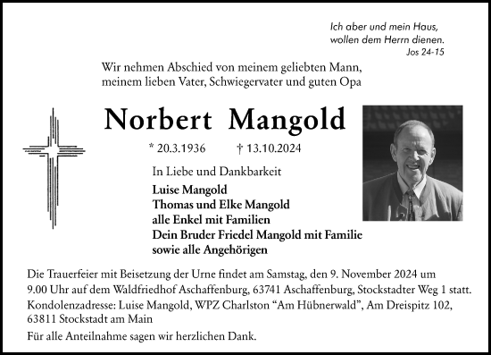 Traueranzeige von Norbert Mangold von Allgemeine Zeitung Alzey