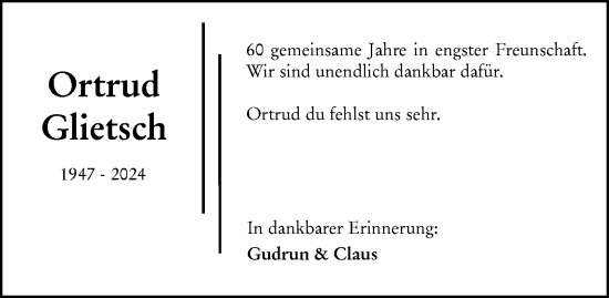 Traueranzeige von Ortrud Glietsch von Allgemeine Zeitung Mainz