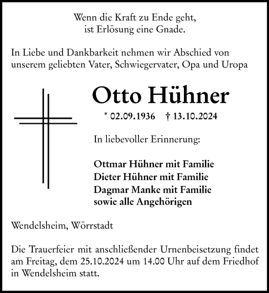 Traueranzeige von Otto Hühner von Allgemeine Zeitung Alzey