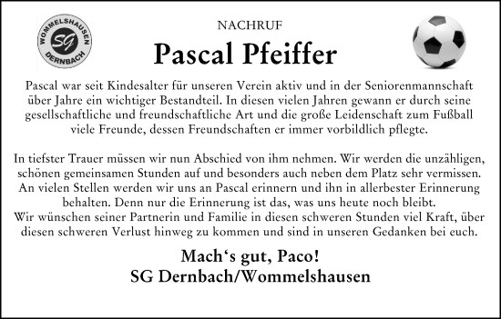Traueranzeige von Pascal Pfeiffer von Hinterländer Anzeiger