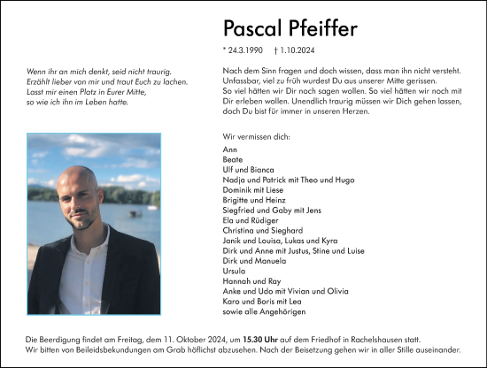 Traueranzeige von Pascal Pfeiffer von Hinterländer Anzeiger