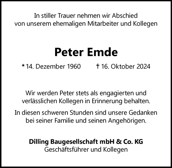 Traueranzeige von Peter Emde von Hinterländer Anzeiger