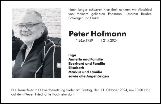 Traueranzeige von Peter Hofmann von Hochheimer Zeitung