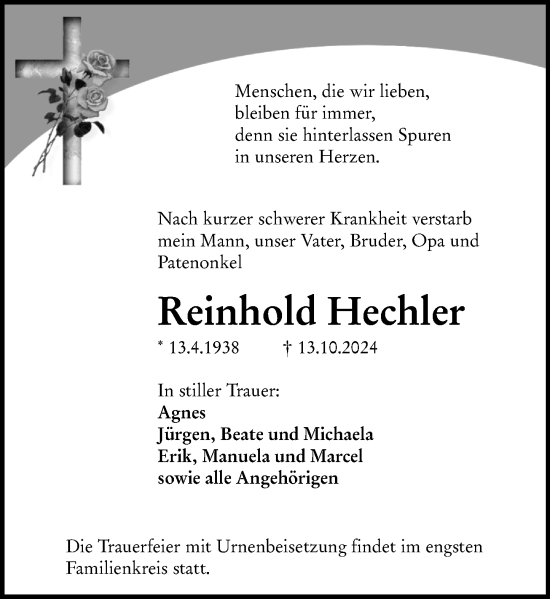 Traueranzeige von Reinhold Hechler von Darmstädter Echo