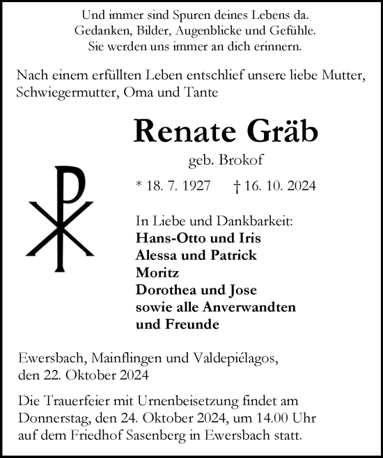Traueranzeige von Renate Gräb von Dill Block