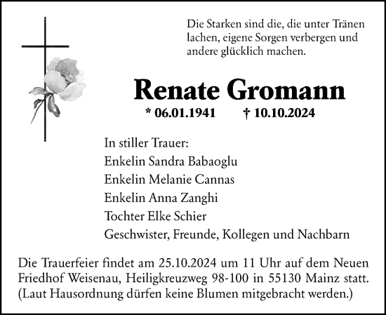 Traueranzeige von Renate Gromann von Allgemeine Zeitung Mainz