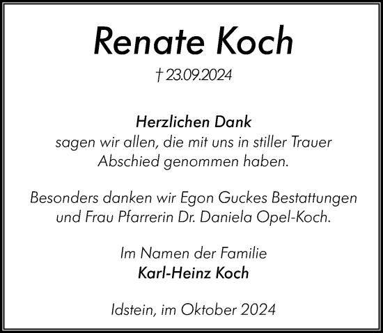 Traueranzeige von Renate Koch von Idsteiner Land/Untertaunus