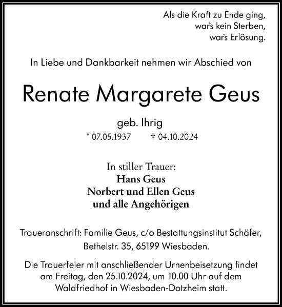 Traueranzeige von Renate Margarete Geus von Wiesbadener Kurier