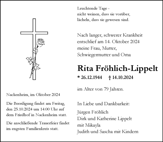 Traueranzeige von Rita Fröhlich-Lippelt von Allgemeine Zeitung Mainz