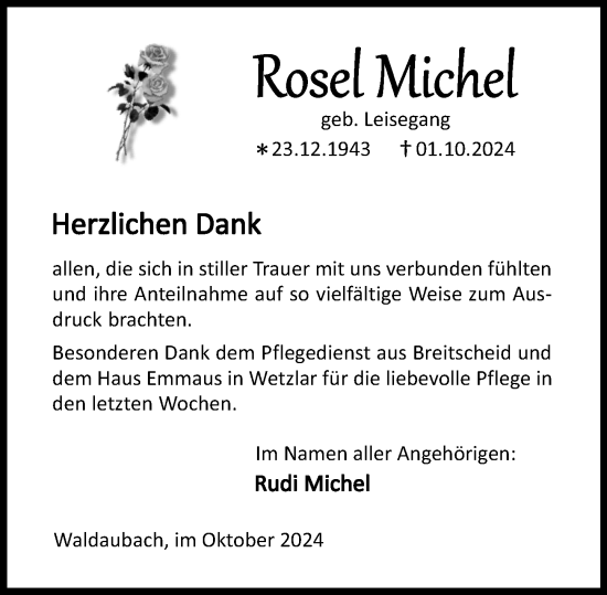 Traueranzeige von Rosel Michel von Dill Block