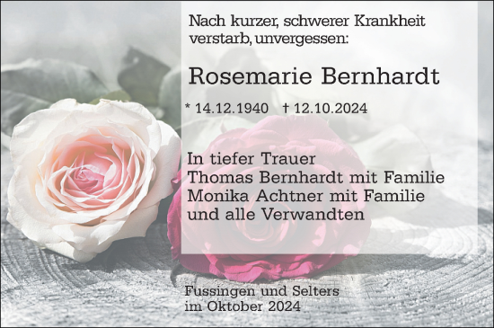 Traueranzeige von Rosemarie Bernhardt von Weilburger Tageblatt