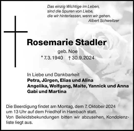 Traueranzeige von Rosemarie Stadler von Starkenburger Echo
