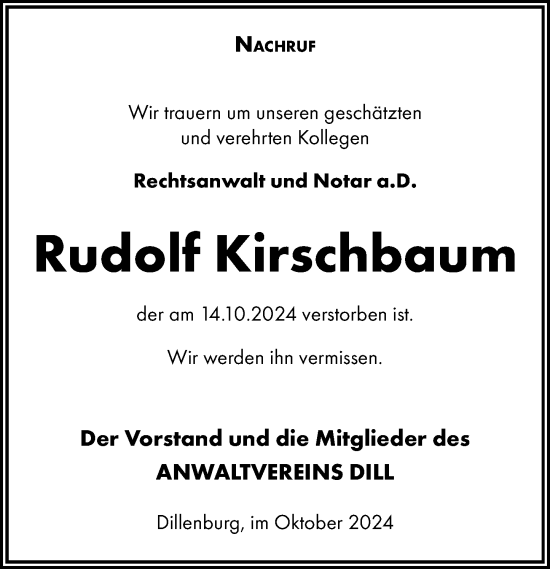 Traueranzeige von Rudolf Kirschbaum von Dill Block