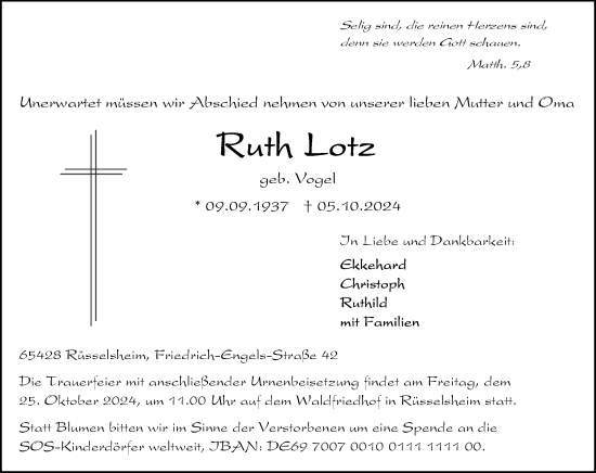 Traueranzeige von Ruth Lotz von Rüsselsheimer Echo