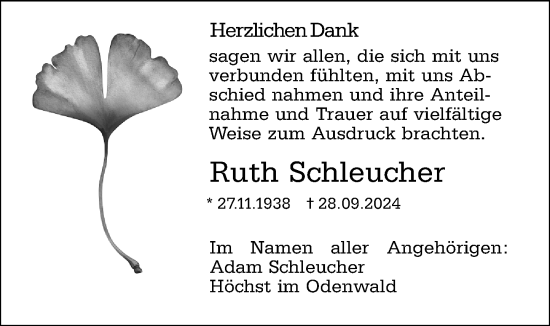 Traueranzeige von Ruth Schleucher von Odenwälder Echo