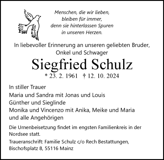 Traueranzeige von Siegfried Schulz von Allgemeine Zeitung Mainz