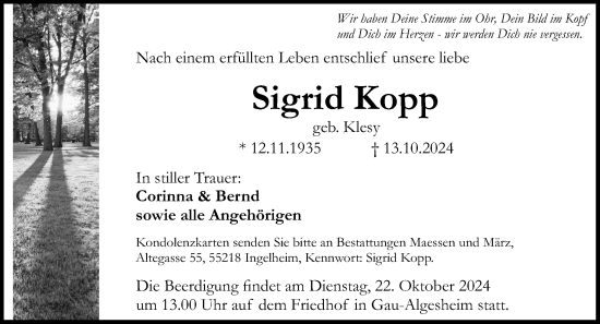 Traueranzeige von Sigrid Kopp von Allgemeine Zeitung Rheinhessen-Nahe