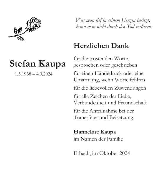 Traueranzeige von Stefan Kaupa von Odenwälder Echo