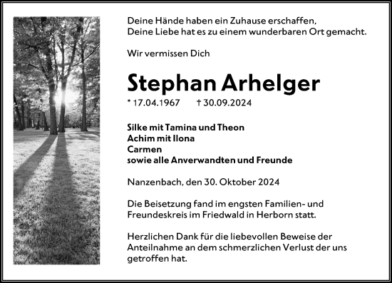 Traueranzeige von Stephan Arhelger von Dill Block