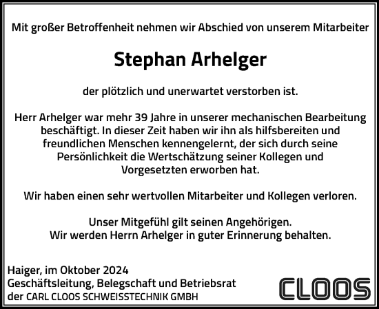 Traueranzeige von Stephan Arhelger von Dill Block