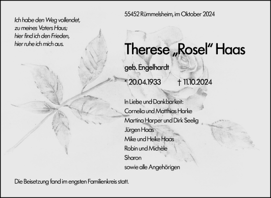 Traueranzeige von Therese Haas von Binger-/Ingelheimer Wochenblatt