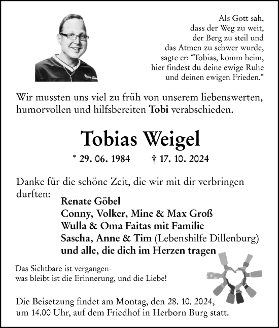 Traueranzeige von Tobias Weigel von Dill Block