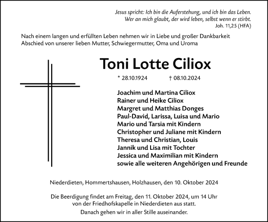 Traueranzeige von Toni Lotte Ciliox von Hinterländer Anzeiger